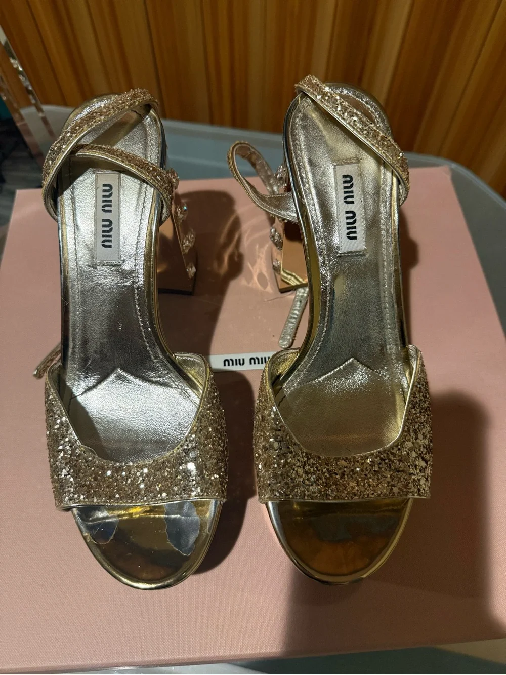 Miu Miu Gold Glitter Platform Ankle-Strap Sandals
